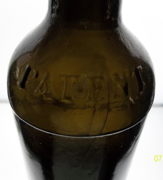Beautiful Black Glass "PATENT" 1860s Applied Lip Ale Bottle