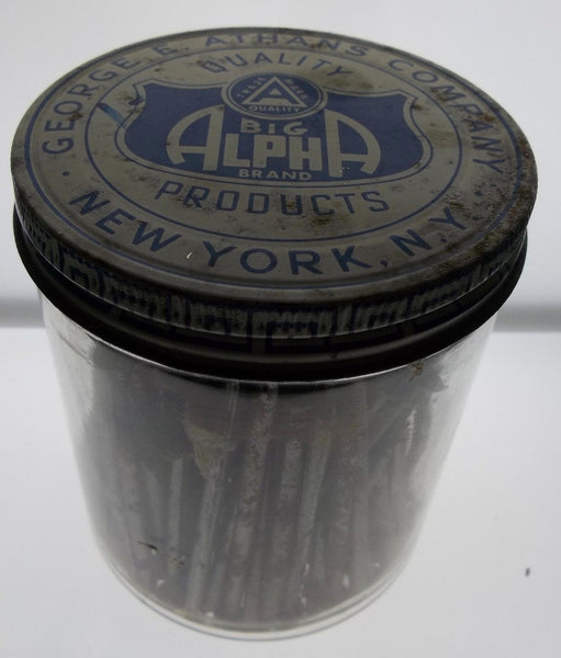Heekin's Frosty Can full of tacks, Athans Company jar of nails